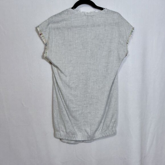 Koch Grey Linen Blend Boho Embroidered Trim Boxy Cap Sleeve Mini Dress Size XS - Picture 2 of 10